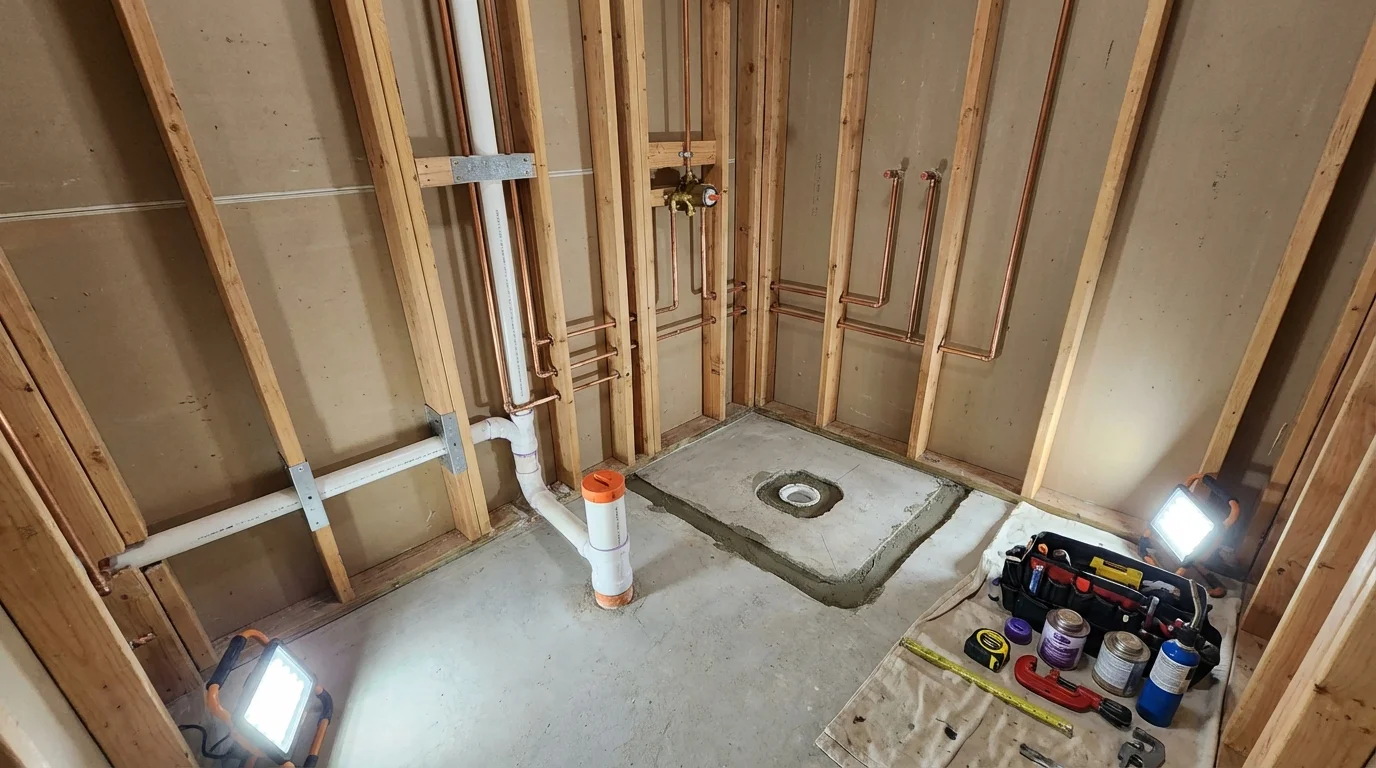 Bathroom rough-in plumbing during remodel by Johns Plumbing LLC in Goldsboro