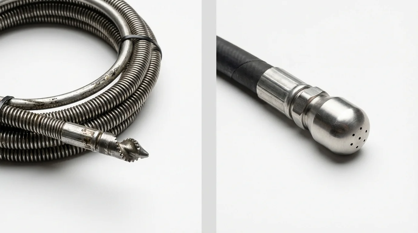 Drain snake cable and hydro jetting nozzle used for drain cleaning in Goldsboro, NC