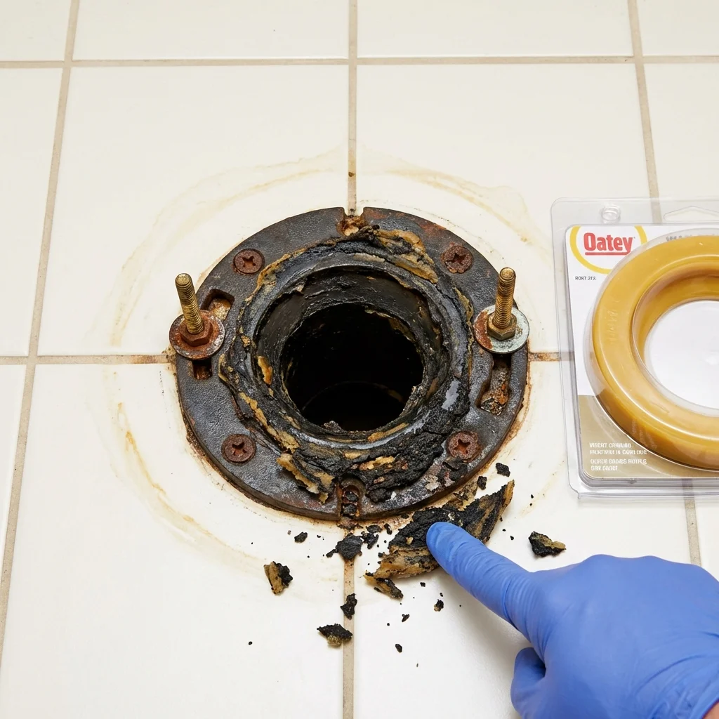 Failed wax ring showing water seepage at the base of a toilet in a Goldsboro, NC home