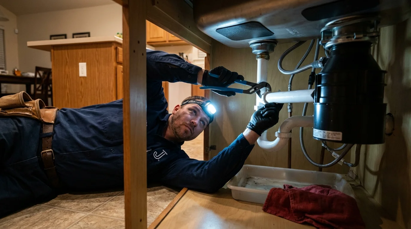 P-trap and supply line connections under a kitchen sink showing a common leak point in Goldsboro, NC